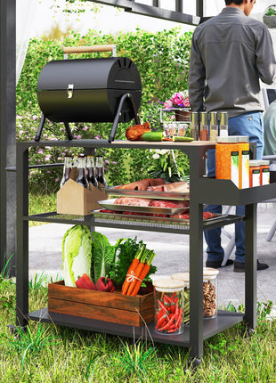 3-Tier Outdoor Grill Cart with Storage Racks, Side Handle, Movable Pizza Oven Table on Wheels