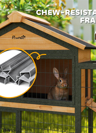 Wooden Rabbit Hutch Outdoor, 85" Large Bunny Cage with Steel Run, Removable Plastic Tray, Asphalt Roof, Ramp