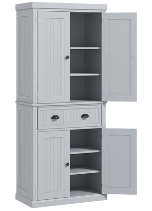 72" Traditional Kitchen Pantry Cabinet, Freestanding Tall Storage Cabinet with 4 Doors, Drawer and 3 Adjustable Shelves for Dining Room, Gray