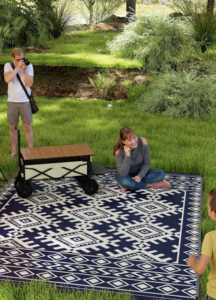 Reversible Outdoor Rug, Waterproof Plastic Straw with Carry Bag, 9' x 12', Blue & White Rhombus Border