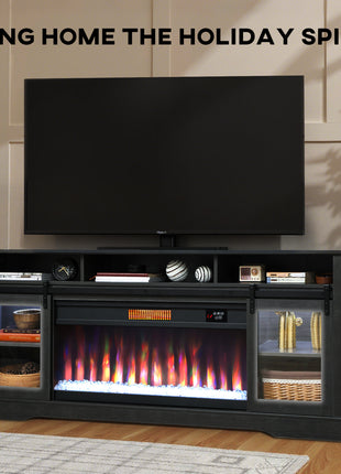 Fireplace TV Stand for TVs Up to 80 Inch, TV Console with Electric Fireplace, Open Storage and Side Cabinets, Gray