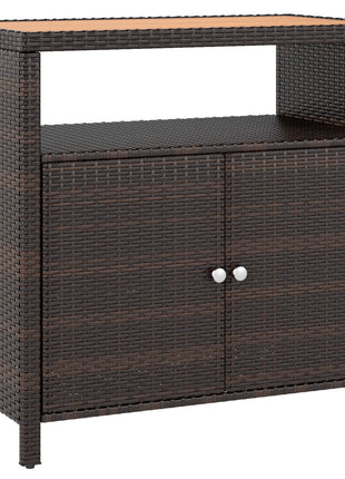 Outdoor Storage Cabinet with Acacia Wood Top, Two Doors, Shelf, Wicker Bar Table for Pool Towel Storage, Brown