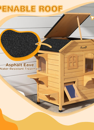  2-story Cat House Outdoor, Weatherproof Wooden Cat Enclosure for Feral Cats with Escape Door, Openable Roof, Jumping Platforms, Natural
