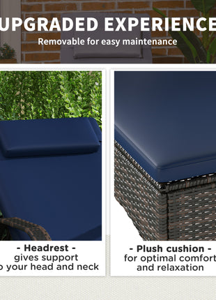 2 Reclining Chaise Lounge Chairs, Rolling Outdoor Chairs with Cushion, Pillow, Headrest, Armrests, and Wheels, Dark Blue