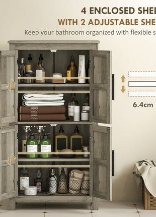 Bathroom Floor Storage Cabinet, Farmhouse Bathroom Cabinet with 4 Doors and Adjustable Shelf, Light Gray