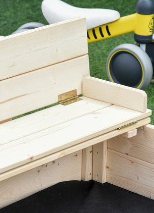 Kids Wooden Sandbox w/ Two Plastic Boxes Foldable Bench Seat Waterproof Cover Bottom Liner Storage Space