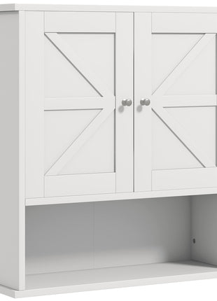 Farmhouse Bathroom Medicine Cabinet, Wall Cabinet with Barn Doors and Adjustable Shelf for Laundry Room, White