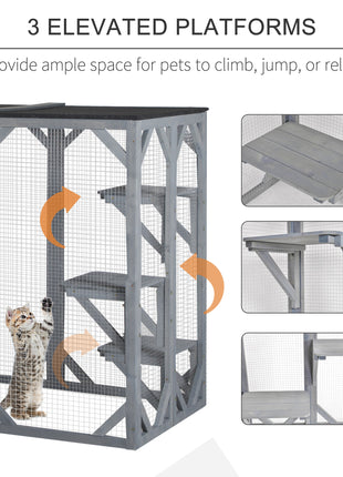 71" x 32" x 44" Large Wooden Outdoor Cat Enclosure Catio Cage With 3 Platforms, Gray