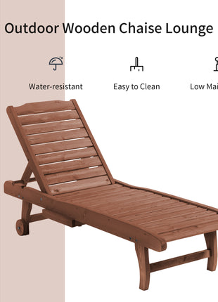 Chaise Lounge Chair Outdoor Wooden Pool Lounge Chair with 3-level Adjustable Backrest, Built-In Table and Rolling Wheels, Sun Tanning Chair for Beach Poolside Sunbathing, Brown Red