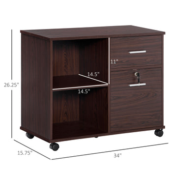 Lateral File Cabinet with Wheels, Mobile Printer Stand with Open Shelves and Drawers for A4 Size Documents, Walnut
