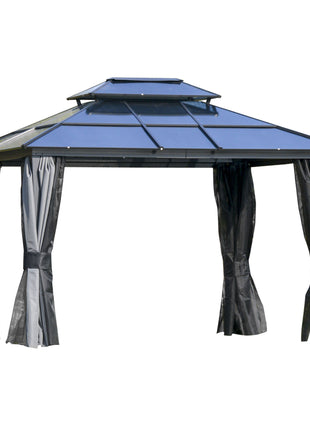 10' x 12' Hardtop Gazebo Canopy with Polycarbonate Roof, Aluminum Frame, Permanent Pavilion Outdoor Gazebo with Netting, for Patio, Garden, Backyard, Deck, Lawn, Light Gray