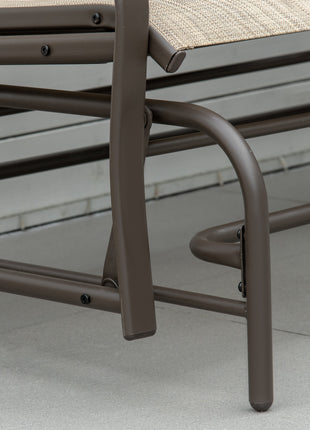 Outdoor Glider Bench with Center Table, Metal Frame Patio Loveseat with Breathable Mesh Fabric and Armrests for Backyard Garden Porch, Brown