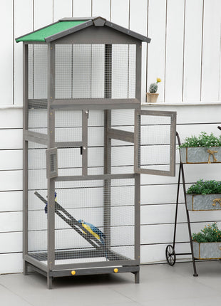 65" Wooden Bird Cage Outdoor Aviary House for Parrot, Parakeet, with Pull Out Tray and 2 Doors, Grey