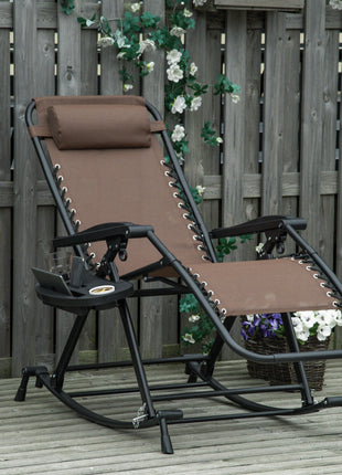 Outdoor Rocking Chairs, Foldable Reclining Zero Gravity Lounge Rocker with Pillow, Cup & Phone Holder, Combo Design with Folding Legs, Brown