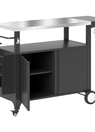 Outdoor Grill Cart Table with Stainless Steel Top, Movable Pizza Oven Table with Foldable Side Table, Wheels