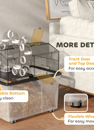 2 Tier Hamster Cage with 12" Deep Tray, Tube System, Water Bottle, Ramp, Feeding Bowl, 23" x 17" x 22", Black