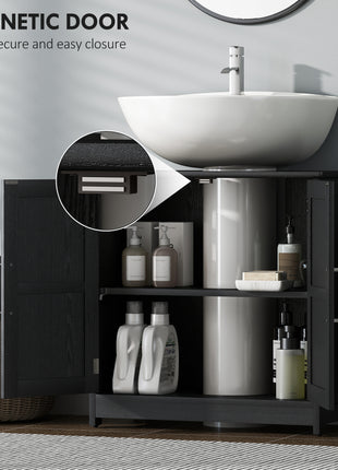 Farmhouse Pedestal Sink Storage Cabinet, Bathroom Sink Cabinet with 2 Barn Doors and Adjustable Shelf, Distressed Black