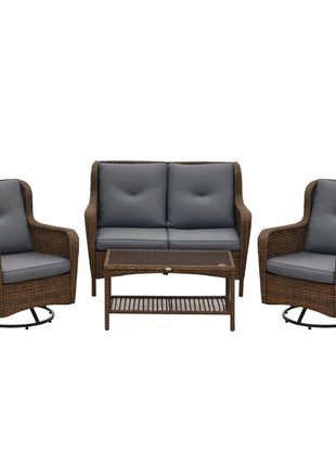 4 Piece PE Rattan Outdoor Patio Furniture Set, Wicker Conversation Set with 2 Swivel Glider Chairs, 2-Tier Glass Table and Loveseat for Garden, Patio, Poolside, Gray