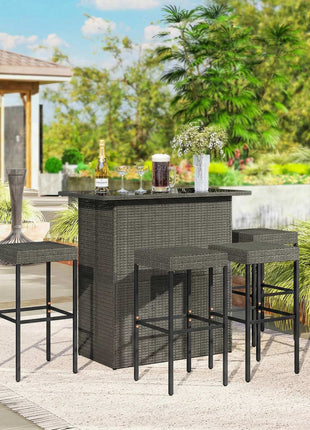 5 Piece Rattan Wicker Bar Set, High Top Outdoor Table and Chairs, Bar Height Patio Set, 2 Shelves & 4 Bar Stools, Gray