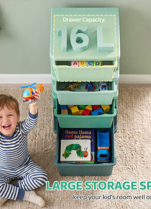 4 Tier Kids Storage Unit, Toy Organizers and Storage with 4 Drawer for Bedroom Nursery Living Room for Boys Girls Green