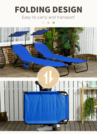 Pool Chaise Lounge Chairs Set of 2, Folding Lounge Chairs with Sunshade, Reclining Back, Steel Frame, Blue