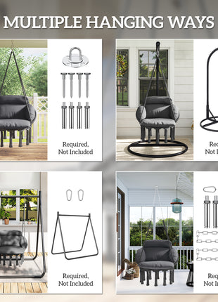 Hammock Swing Chair, Macrame Hanging Chair with Large Cushion, Chain, Steel Frame for Indoor Outdoor Use, Dark Gray