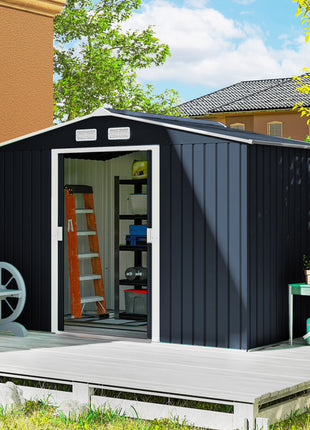 9' x 6' Outdoor Storage Shed, Garden Tool Metal Shed with Foundation Kit, Dark Gray