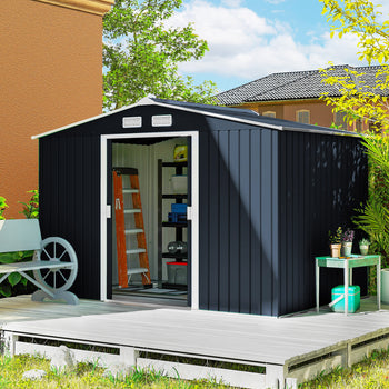 9' x 6' Outdoor Storage Shed, Garden Tool Metal Shed with Foundation Kit, Dark Gray