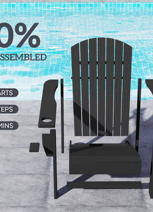 Oversized Adirondack Chair, Outdoor Fire Pit and Porch Seating, Classic Log Lounge w/ Built-in Cupholder, Black