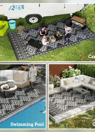Reversible Outdoor Rug, Waterproof Plastic Straw with Carry Bag, 9' x 18', Black & Gray Rhombus Border