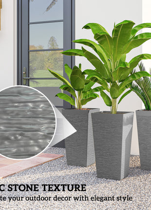 22.8 Inch Set of 3 Outdoor Planters with Stone Finish and Wheels, Stackable Tapered Planters with Drainage Hole, Gray
