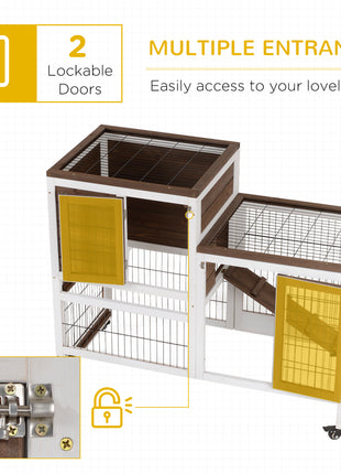 Wooden Rabbit Hutch Elevated Bunny Cage Indoor Small Animal Habitat with Enclosed Run with Wheels, Ramp, Removable Tray for Rabbits, Chickens, Ducks, Guinea Pigs, Brown