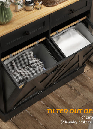 Tilt Out Laundry Hamper Cabinet, Bathroom Storage Cabinet with 2 Removable Baskets and 2 Drawers, Black