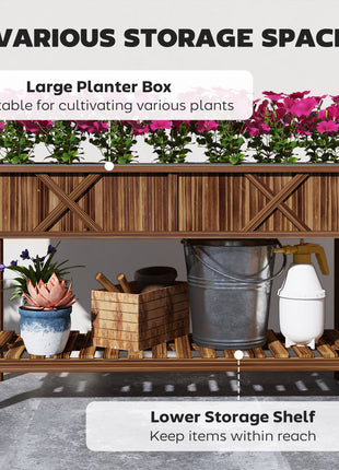 Raised Garden Bed, 47 x 22 x 31.5 in Elevated Wood Planter Box with Storage Shelf, Drainage Holes and Liner, Carbonized
