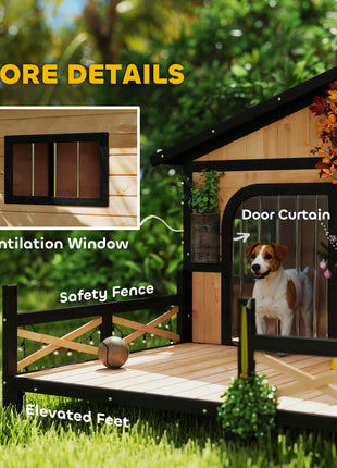 Dog House Outdoor, Wooden Dog Kennel Weatherproof with Porch, Openable Roof, Removable Bottom, Elevated Floor, Double Room for 2 Small to Medium Breeds, Natural