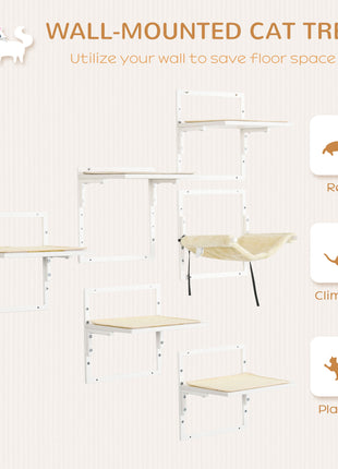 Cat Shelves for Indoor Cats, 6Pc Modern Cat Wall Furniture with Adjustable Height Jumping Platforms & Hammock, Cream White