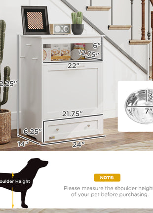 Pet Feeder Station Storage Cabinet, Dog Food Storage Container with Dog Raised Bowls, Watering Supplies, White