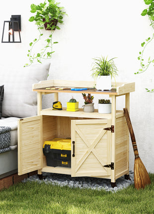 Outdoor Wooden Potting Bench with Storage Cabinet, Aluminum Tabletop, Rubber Wheels for Backyard, Patio, Natural Wood