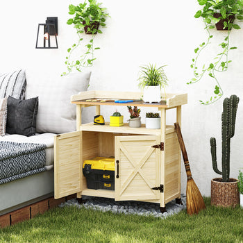 Outdoor Wooden Potting Bench with Storage Cabinet, Aluminum Tabletop, Rubber Wheels for Backyard, Patio, Natural Wood