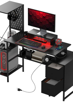 56" Computer Desk with Storage, Computer Table with Power Outlets and LED Lights, Black