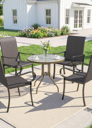 Set of 4 Outdoor Wicker Dining Chairs with Armrest, Steel Frame, Highback and Deep Seating, Brown