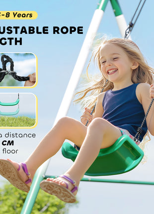 Metal Swing Set with Slide, Saucer Swing Seat, Heavy Duty A-Frame Stand and Adjustable Rope for Backyard, Dark Green