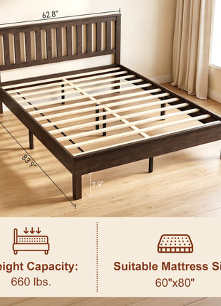 Queen Size Bed Frame with Headboard and Footboard, Mid-Century Modern Wood Platform Bed Frame, Walnut
