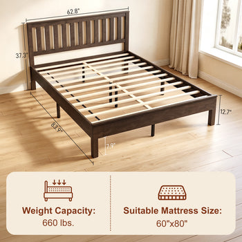 Queen Size Bed Frame with Headboard and Footboard, Mid-Century Modern Wood Platform Bed Frame, Walnut