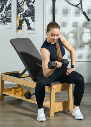 Wooden Adjustable Weight Bench with Dumbbell Rack, Flat or Incline Workout Bench for Home Gym Weight Lifting, Black