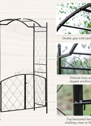 85" Garden Arch Arbor, Metal Arch Trellis with Gate, Garden Archway for Climbing Vines, Wedding Ceremony Decoration, Black