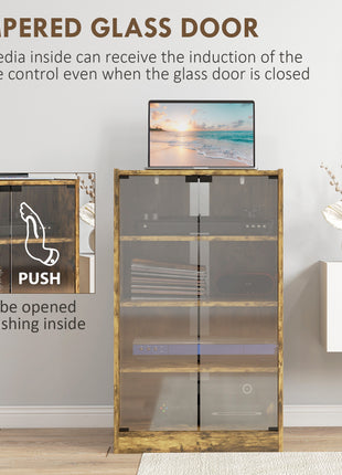 5-Tier Media Cabinet, Media Stand with Adjustable Shelves, Tempered Glass Doors, and Cable Management, Rustic Brown