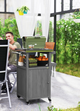 Outdoor Grill Cart with Stainless Steel Top, Solid Wood Outdoor Kitchen Island with Wheels, Integrated Hole, Dark Gray