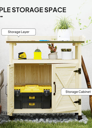 Outdoor Wooden Potting Bench with Storage Cabinet, Aluminum Tabletop, Rubber Wheels for Backyard, Patio, Natural Wood
