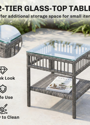 3 Piece Outdoor PE Rattan Rocker Chair Set, Rocking Chair with Tempered Glass Table Top, Gray